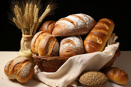 香甜面包与麦穗布满的篮子图片