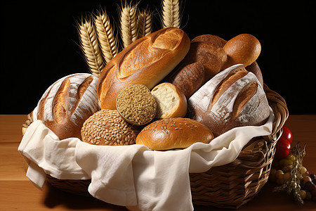 篮子中的麦穗和面包图片