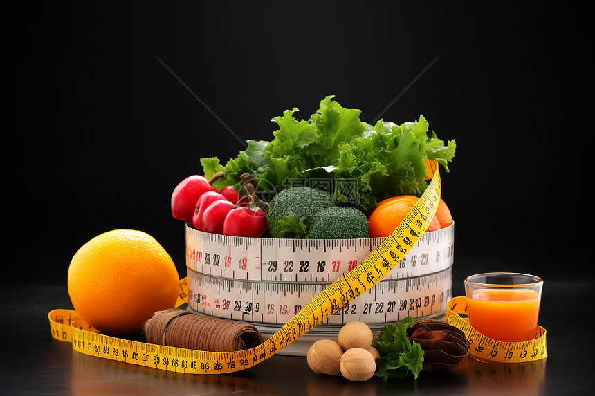 测量尺围着的篮子里放着蔬菜水果图片