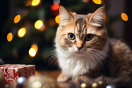 可爱的小猫在圣诞节里打开礼物盒子背景图片