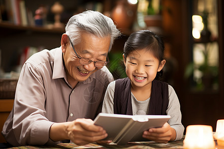老人和孩子在看书图片