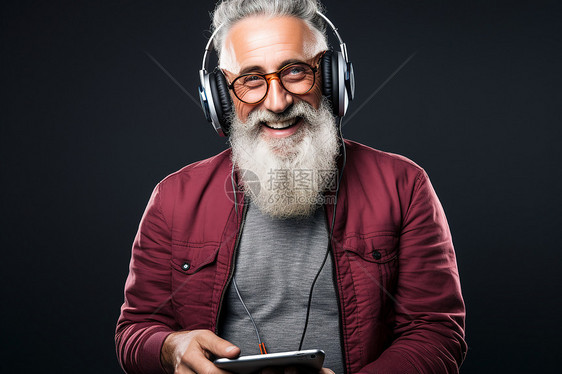 快乐的灰发男子与数码设备合影图片