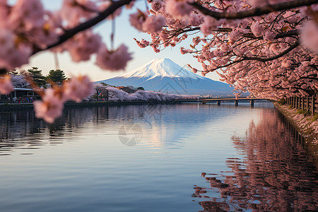 富士山与樱花映衬着湖畔的美景图片