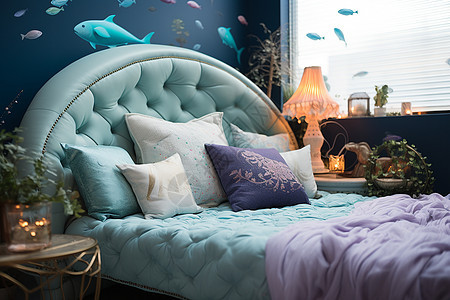 梦幻浪漫的蓝色床背景图片