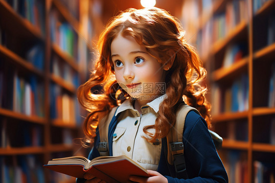 图书馆中阅读的小女孩图片