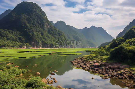 长满绿草的山和河流图片