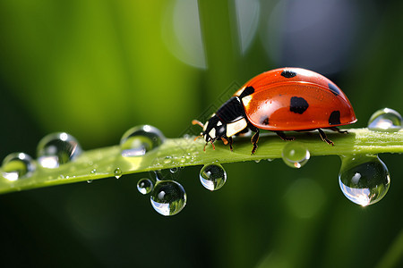 一只瓢虫在有水滴的绿叶上图片