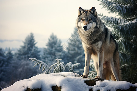 狼站在雪地上的岩石上图片