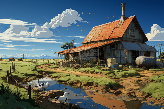 河流旁的农场房屋图片