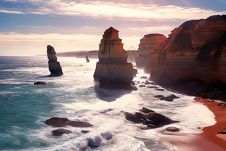 天然形成的柱状海边岩石图片