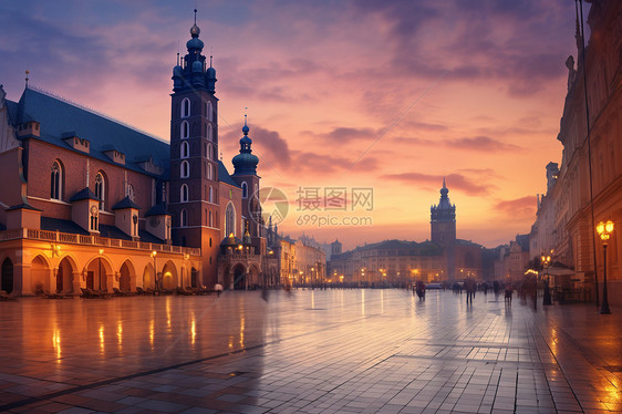 夕阳下的欧洲城市广场图片