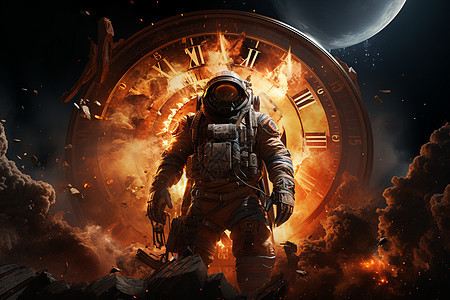 巨大时钟前的宇航员背景图片