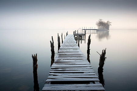 清晨湖上的木桥图片