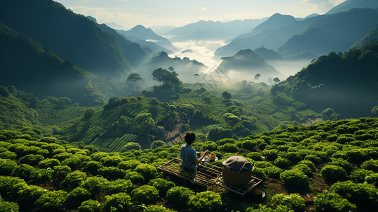 茶园夏季山间采茶的茶农背景