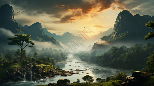 迷雾笼罩的山间景观图片