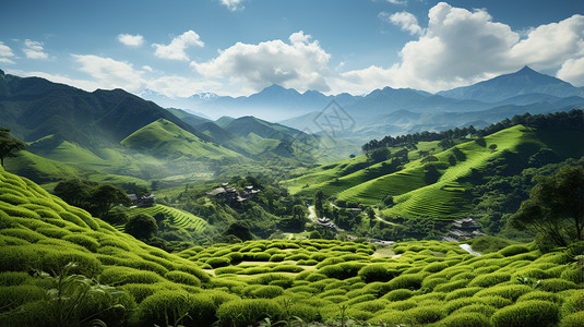 夏季山间的茶山景观背景图片