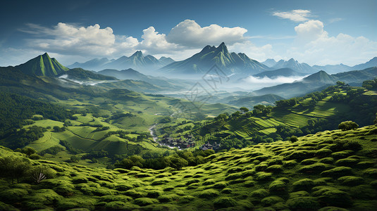 郁郁葱葱的茶山景观背景图片