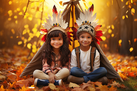 秋天露营的孩子背景图片