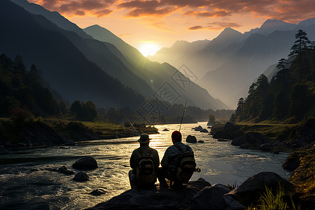 渔鱼夕阳下钓鱼的人背景