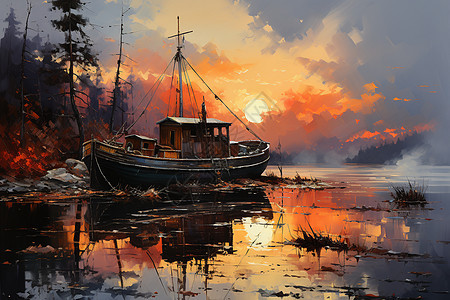 落日的湖畔风景图片