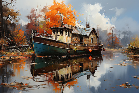秋天的湖畔船只图片