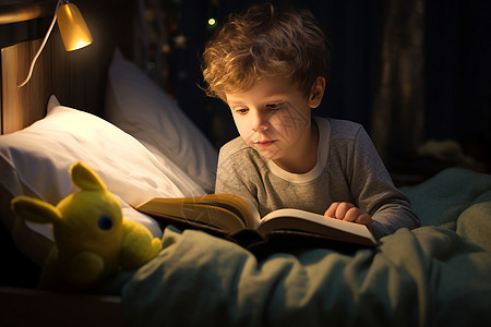 在床上阅读的男孩图片