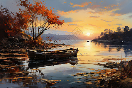 美丽的湖边日落景色图片