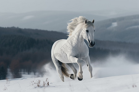 奔驰smart白马奔驰于冬季山脉背景