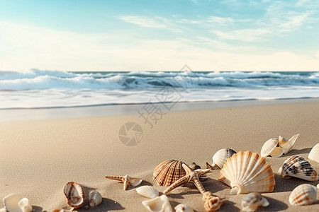 贝壳散落在海滩上图片