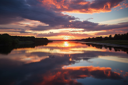 湖水上的日落景色图片