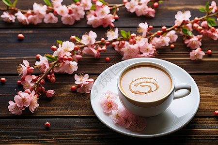 咖啡与盛开的花朵图片