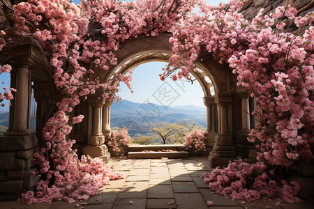 围绕在石拱门的鲜花图片