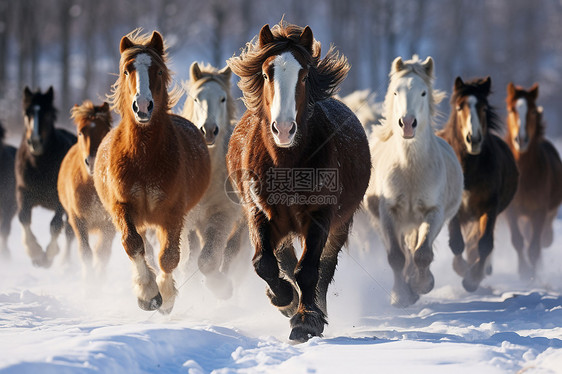 雪地中的马群图片