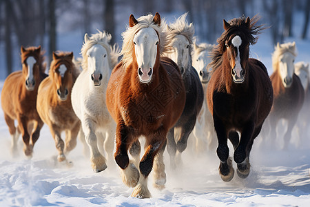 雪地中飞奔的马群图片