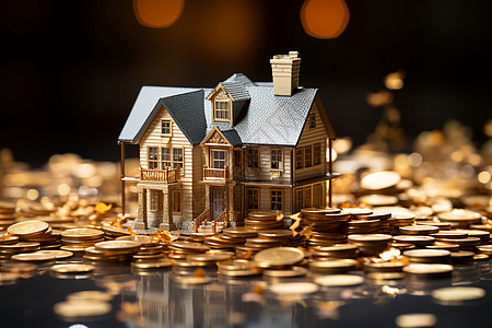 金币散落在房屋模型旁图片