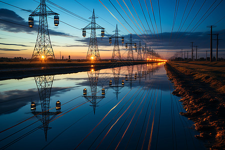 太阳下的艺术：深蓝天空下的高压线缆照明 图片
