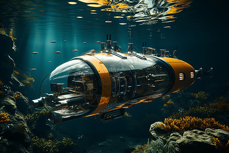 太空鱼群环绕的海底潜艇图片