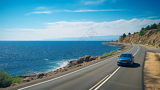 海边道路上行驶的汽车高清图片
