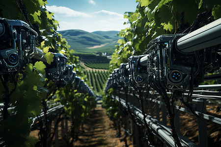 葡萄园中的机器人科技背景图片