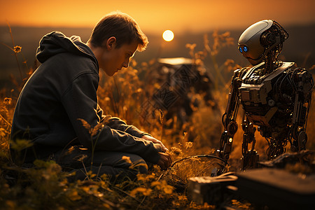 夕阳草地里的机器人图片