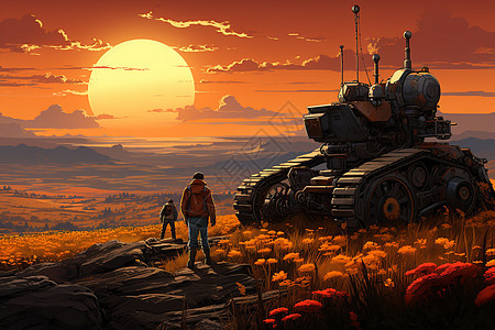 夕阳下的农田机器人背景图片