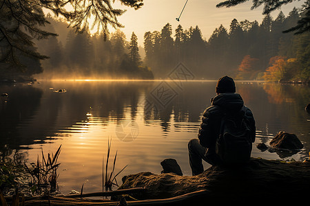湖边钓鱼的人图片