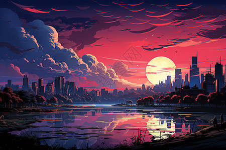 日落下的城市景观图片