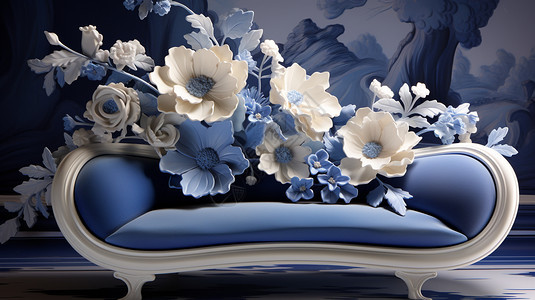 沙发上的青花瓷花朵图片
