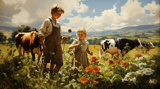 在农场工作的男孩和女孩背景图片