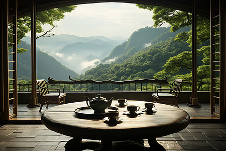 茶与花茶与山景背景