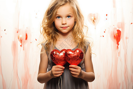 小女孩和两颗红心图片