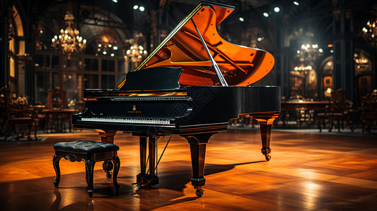 一架钢琴在明亮的现代舞台图片
