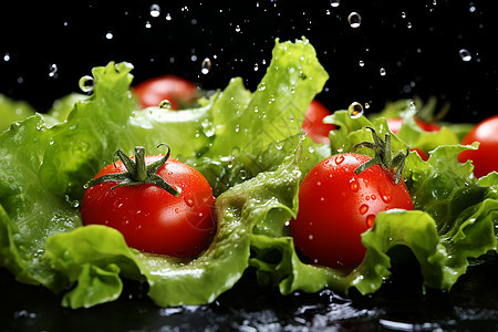 水滴点缀下的番茄生菜群照图片