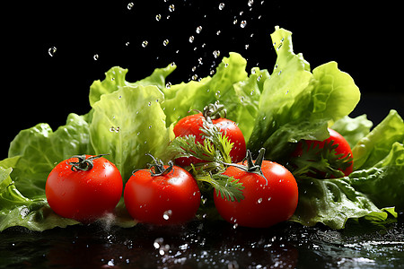 水滴描绘的熟透的番茄和生菜图片
